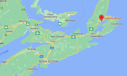 Map showing location of Inverary Inn in Baddeck, Cape Breton